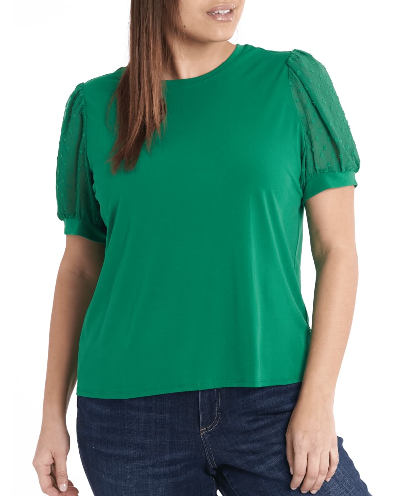 Front of a model wearing a size 1X Candice Puff-Sleeve Top in 334-LUSH GREEN by CeCe. | dia_product_style_image_id:263725